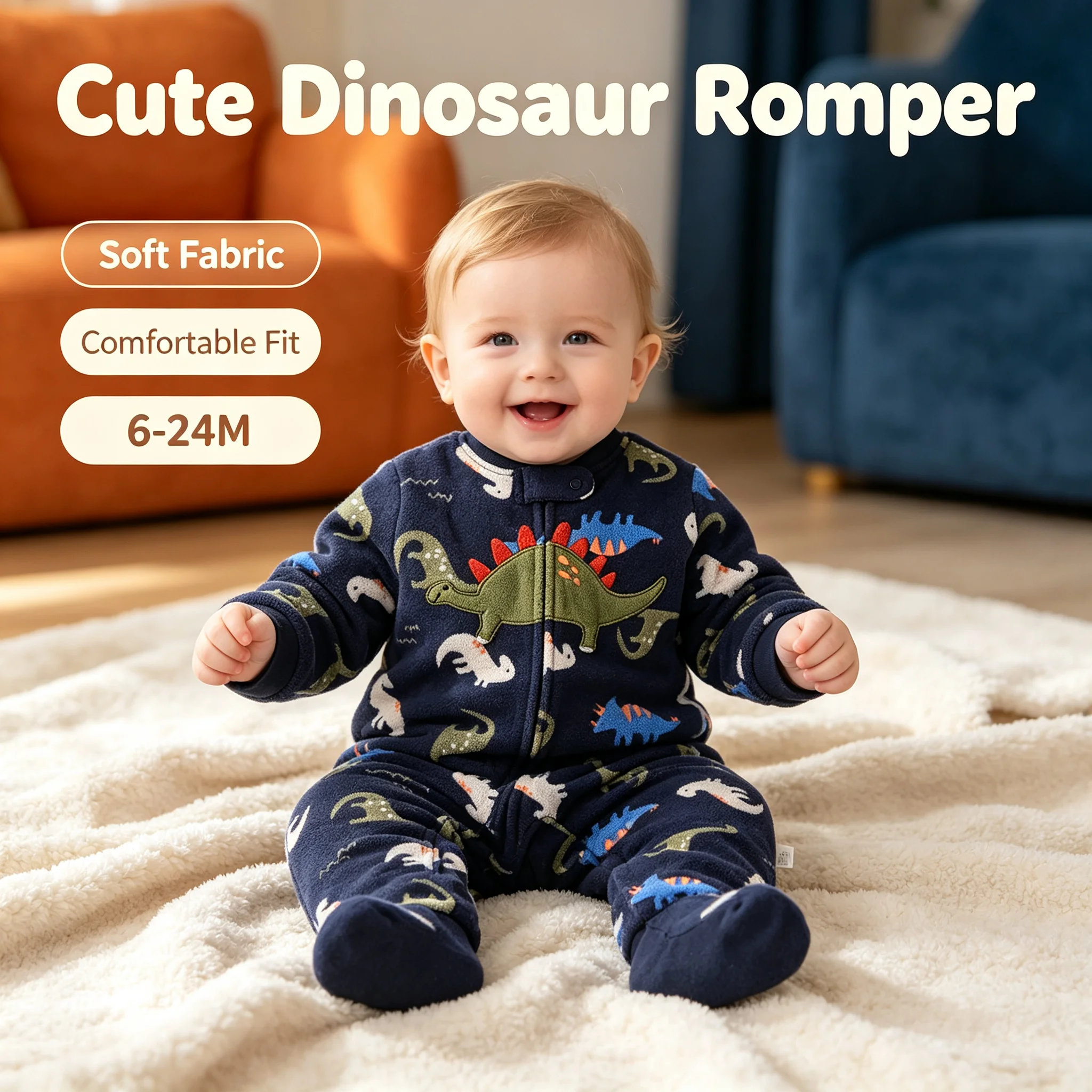 Mono de forro polar para bebé, con bordado de dinosaurios, cierre completo, manga larga, cuello alto, ideal para el otoño e invierno, para bebés de 9 a 24 meses.