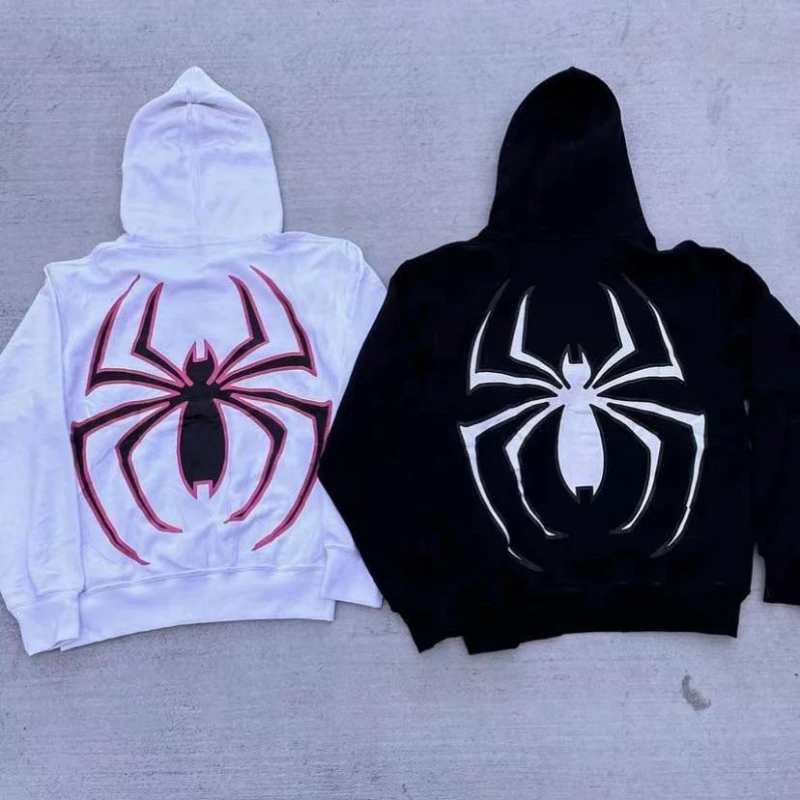 2024 European and American Dark Sports Shirt Men's and Women's Hoodie Gothic Couple Harajuku Large Size Spider Print Zipper Hood