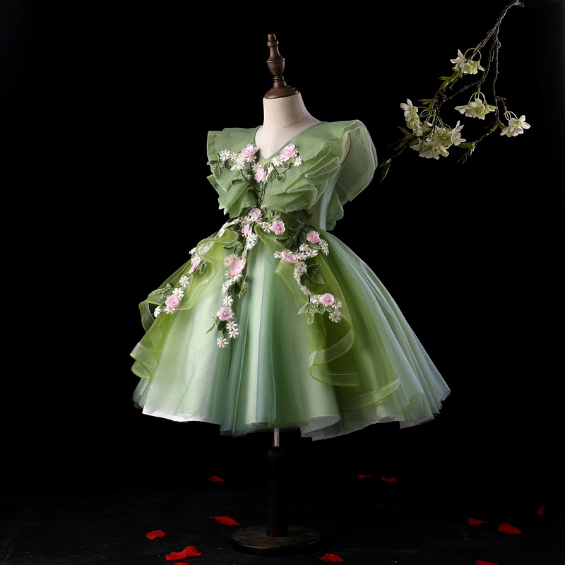 

Gorgeous Green Girls Ball Gowns Flowers Appliques Ruffle Princess Dress 3-12 Years Children Performance Dress Party Gown
