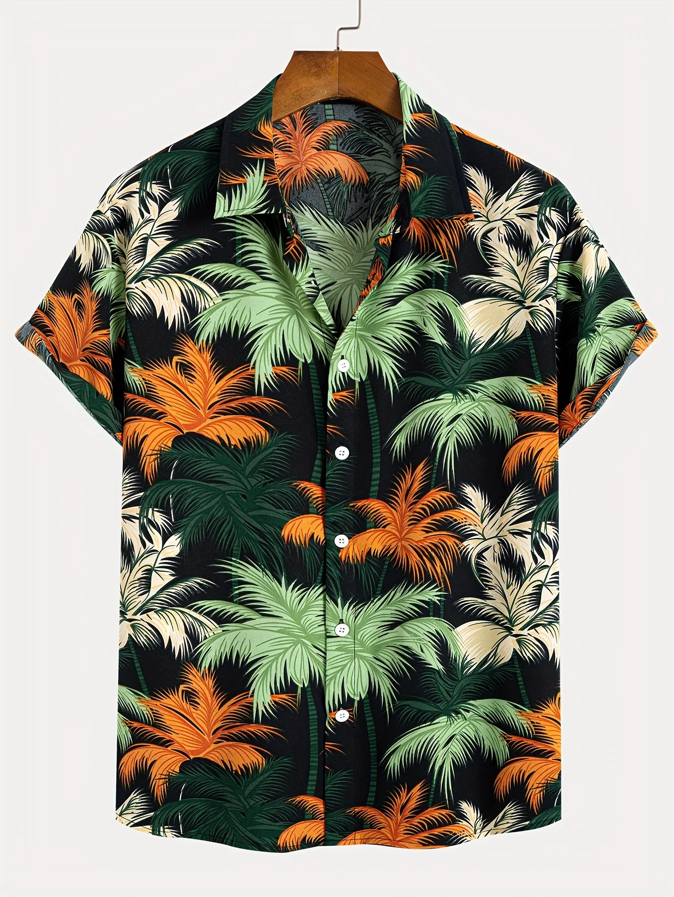 Camisa de lapela masculina de manga curta, estilo havaiano, padrão tropical de coqueiro, tops grandes, férias de verão