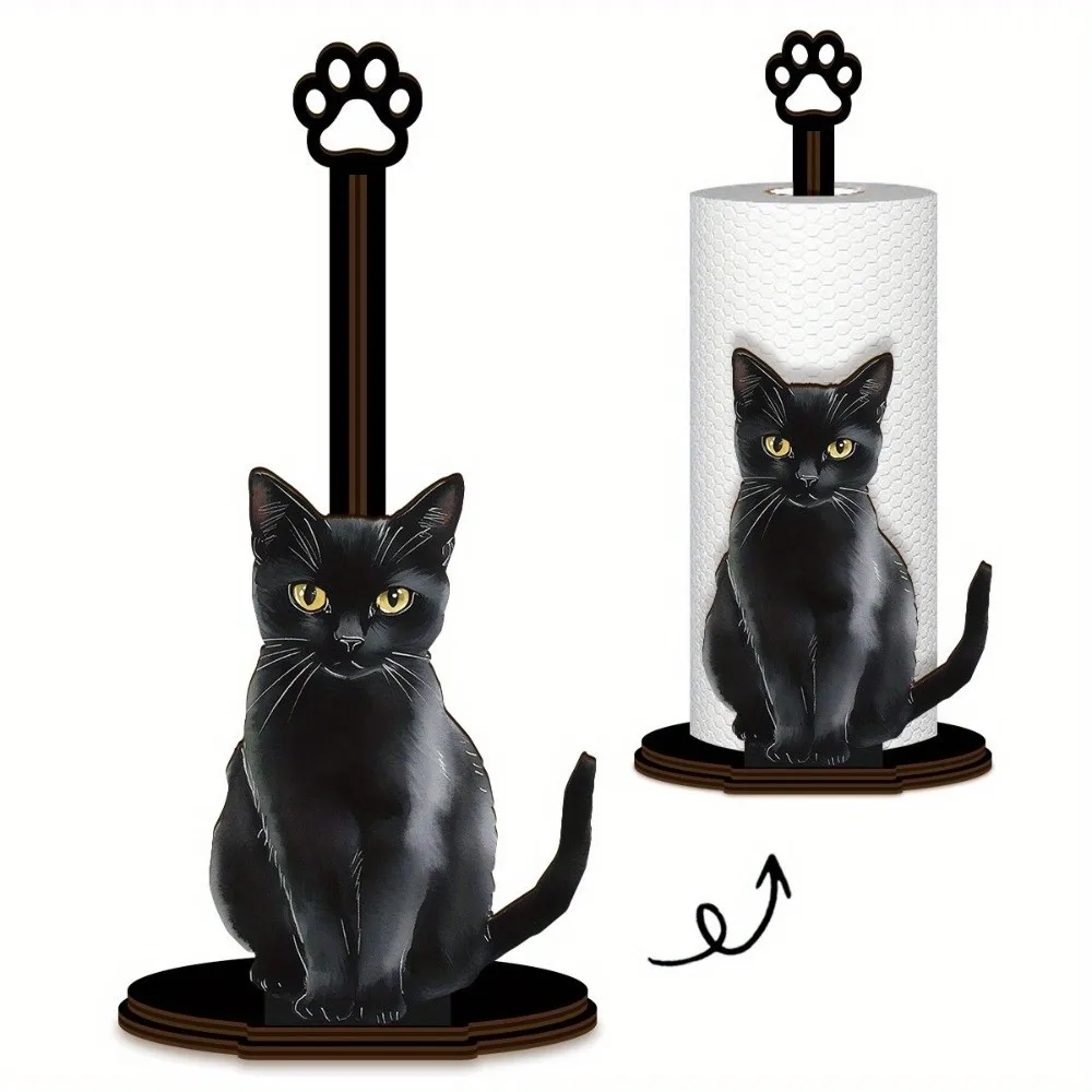 Black Cat Shape Wooden Tissue Holder Cling Film Roll Napkin Storage Desktop Tissue Holder Vertical Storage WC Paper Stand