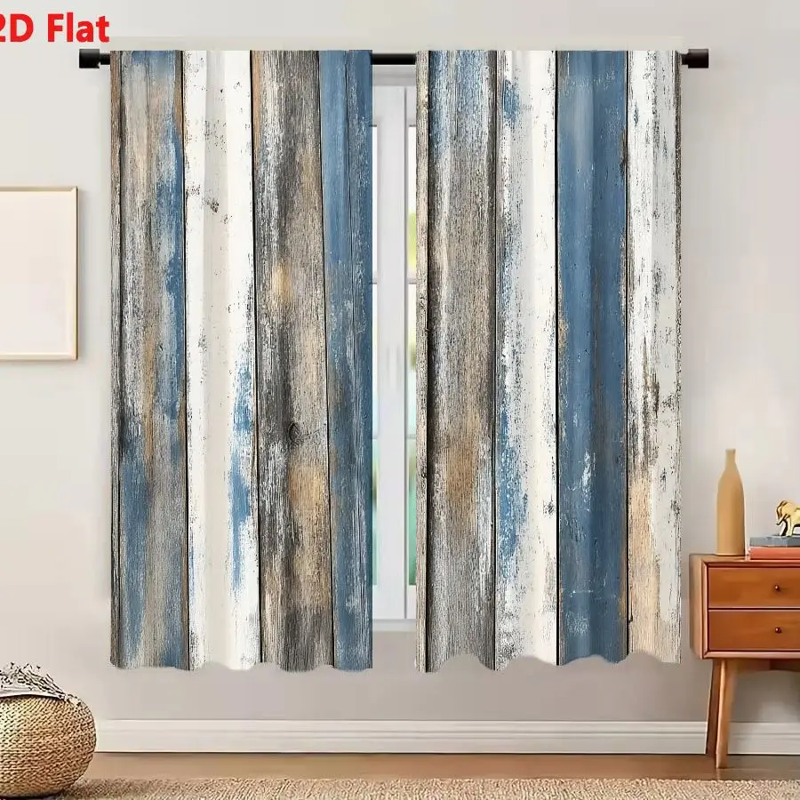 2Pcs Curtains Add 2D Flat Weathered Vertical Wooden Planks With Faded Blue Gray And Natural Brown Tones For Rustic Barn Siding O
