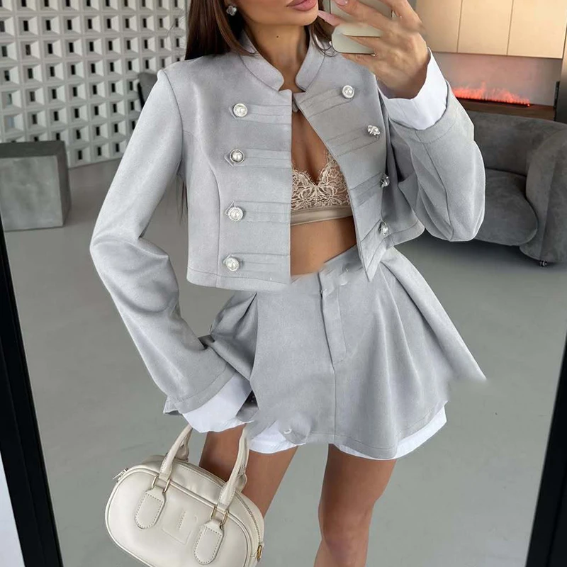 Casual Stand Collar Women's Commute Outfits Spring Summer Two Piece High Street Fashion Button Long Sleeve Blazer And Skirts Set