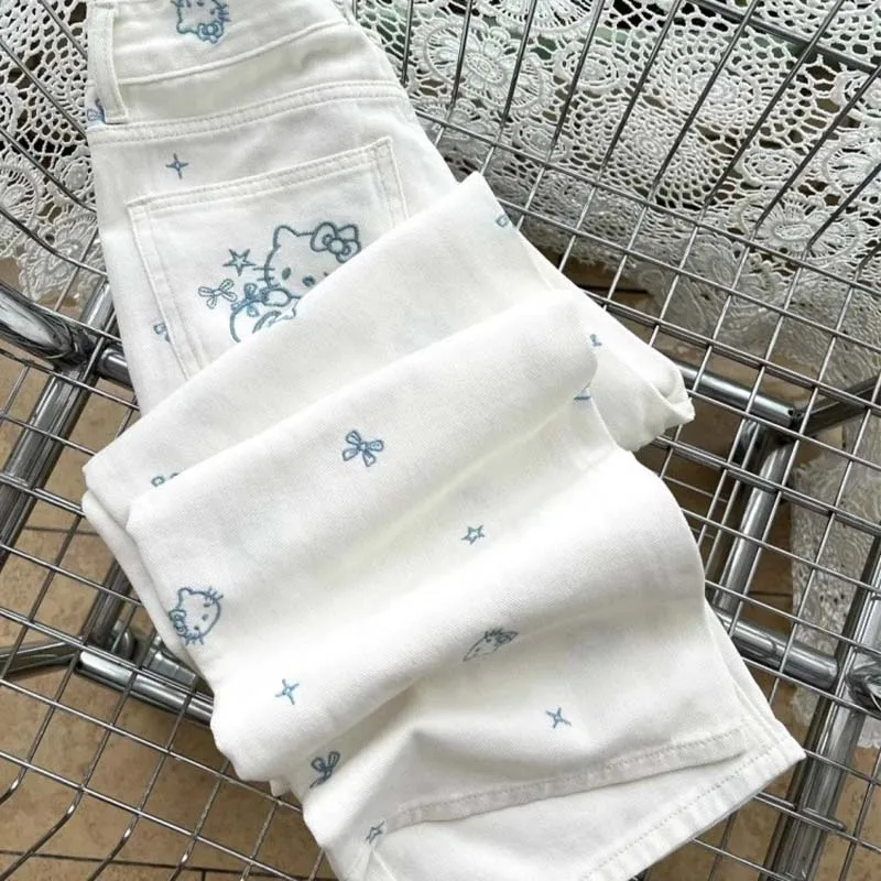 아메리칸 빈티지 헬로 키티 자수 청바지 Y2K 여성 화이트 와이드 레그 팬츠 소녀 하이 웨이스트 슬림 루즈 스트레이트 바지