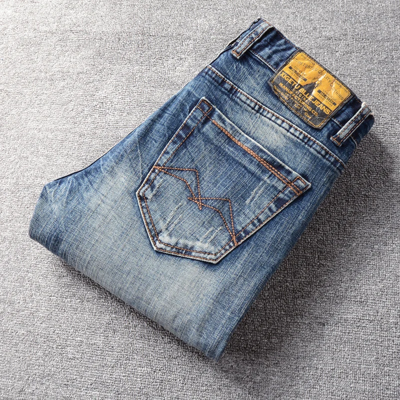 Jeans Pria Fashion Gaya Italia Jeans Sobek Ramping Elastis Biru Retro Kualitas Tinggi Celana Denim Kasual Desainer Antik Pria Hombre