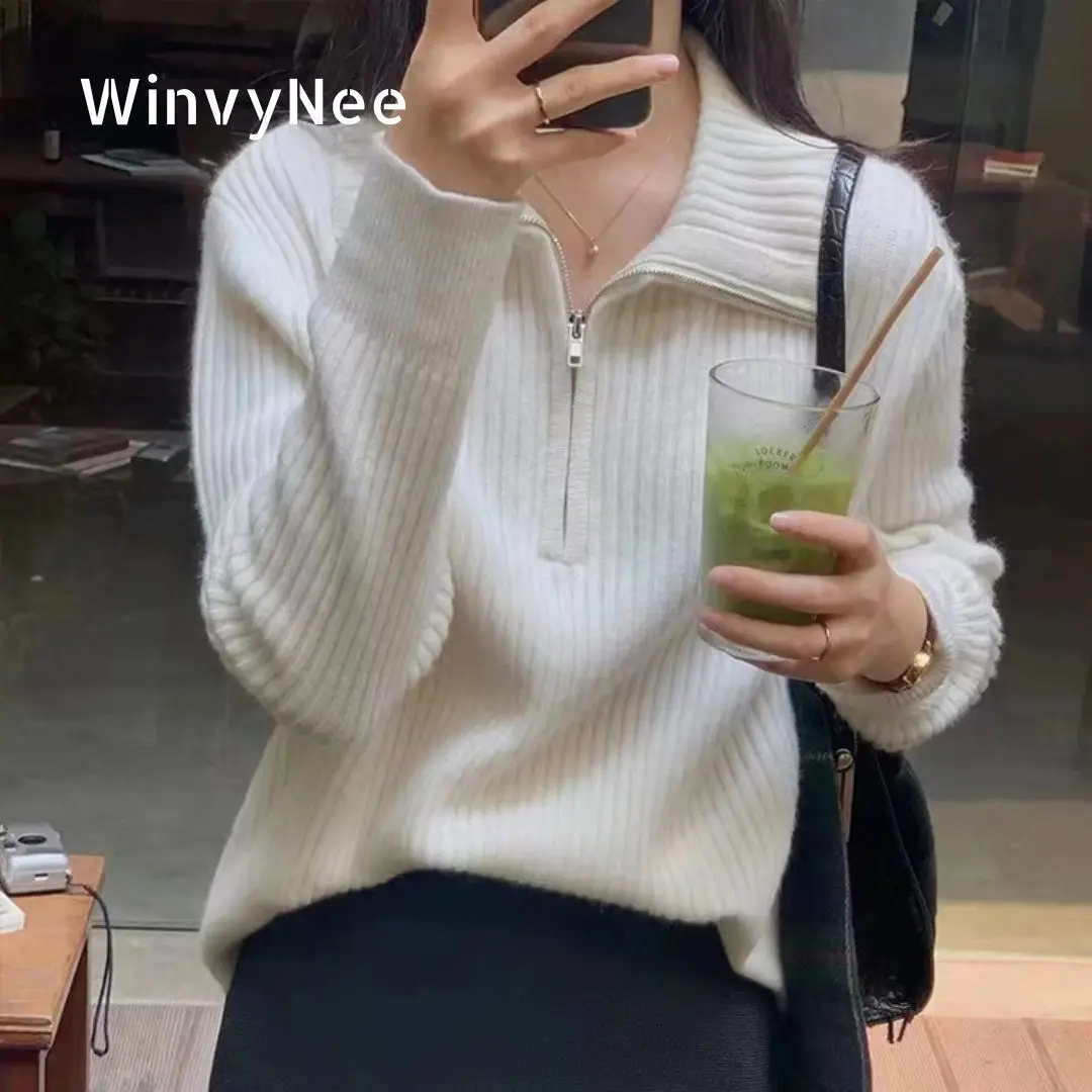 WinvyNee Women's Cashmere Wool Sweaters Polo Neck Zipper Solid Knitted Tops Sweaters Casual Pullover Jumpers Winter A1724001