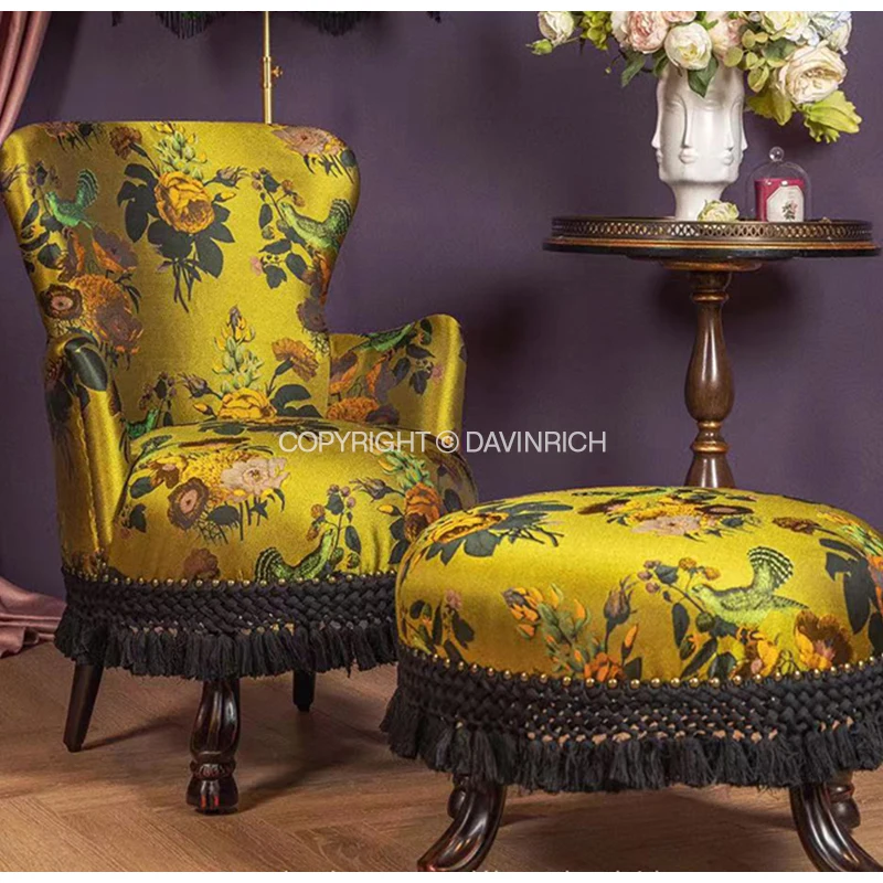 DAVINRICH Maximalist Style Vintage fotel wypoczynkowy fuzja chińskich i zachodnich elementów kompozycja z kwiatów ptaki żakardowa pojedyncza Sofa