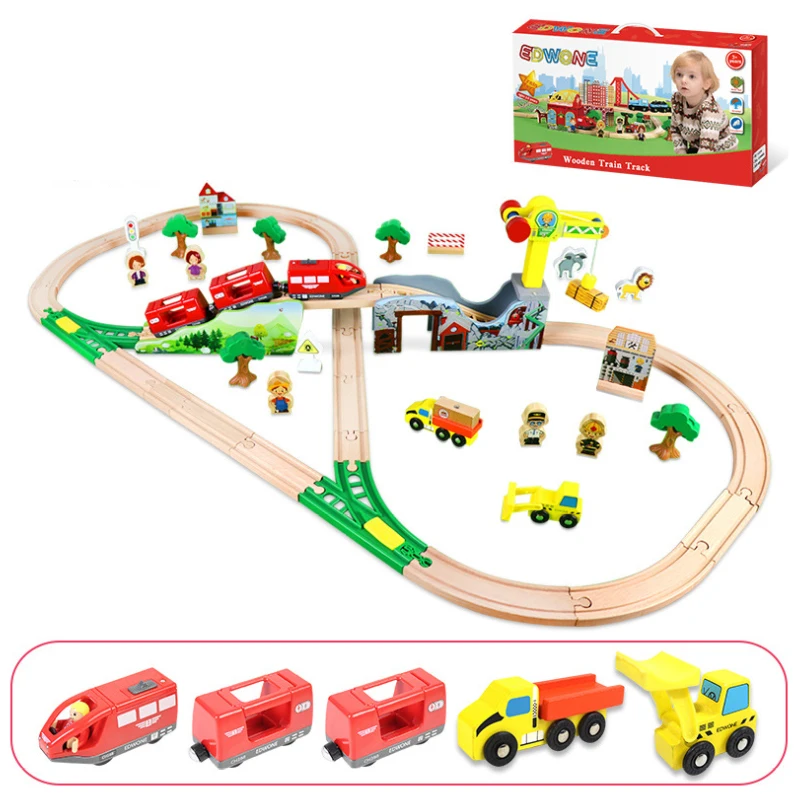 Juego de tren de madera, grúa de mina, rotonda, tren magnético eléctrico, Compatible con riel de madera, regalo para niños G6