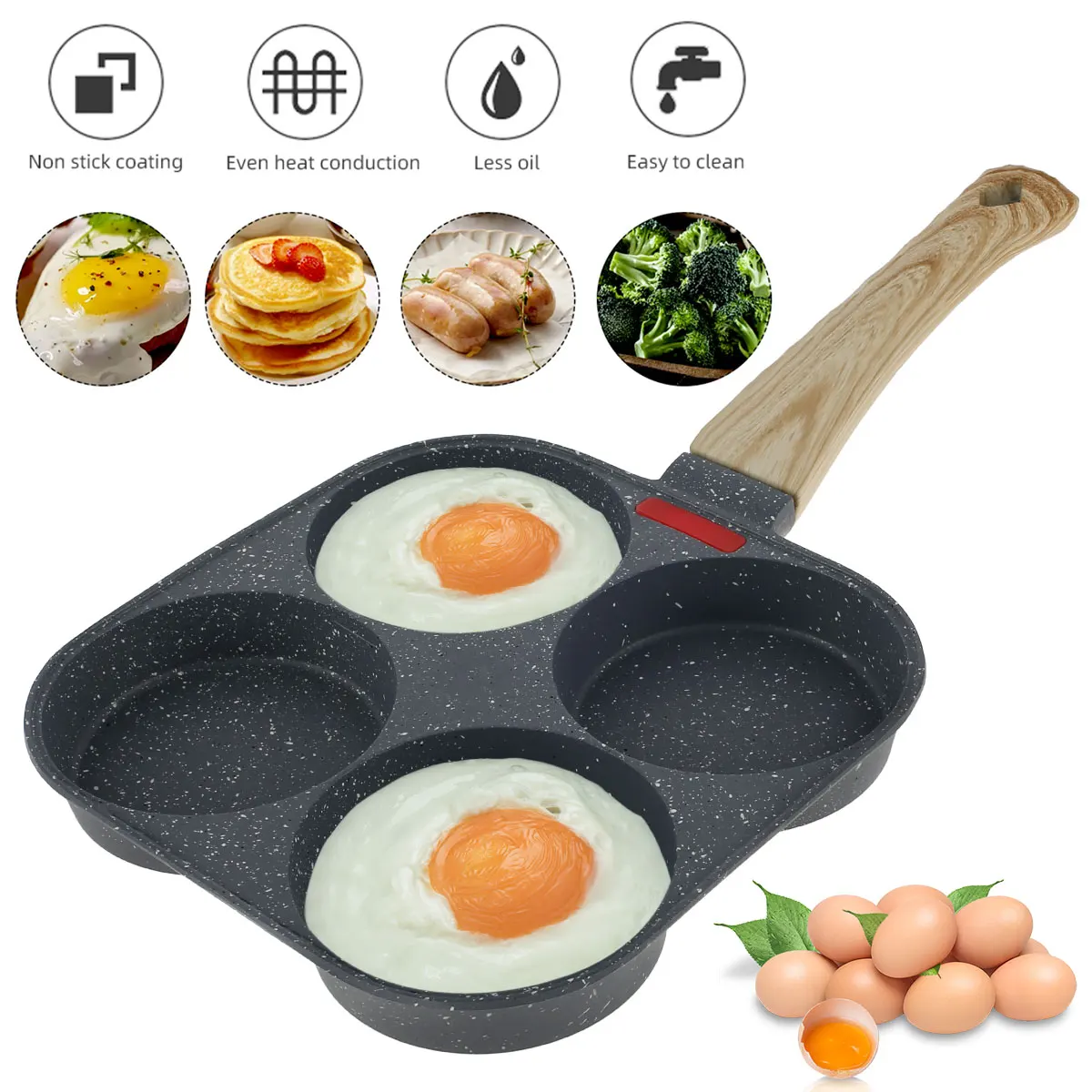 Egg Frying Pan Aluminum 4 Holes Egg Frying Pan Nonstick Mini Egg Cooker Omelet Pan Egg Skillet with Wood Handle Breakfast Egg