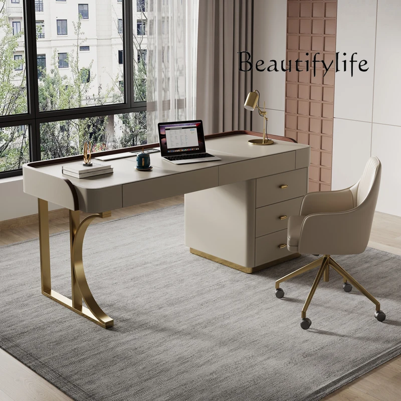 مكتب إيطالي حديث وبسيط، مكتب من الجلد، طاولة كمبيوتر لغرفة المعيشة، مكتب كتابة من الخشب الصلب