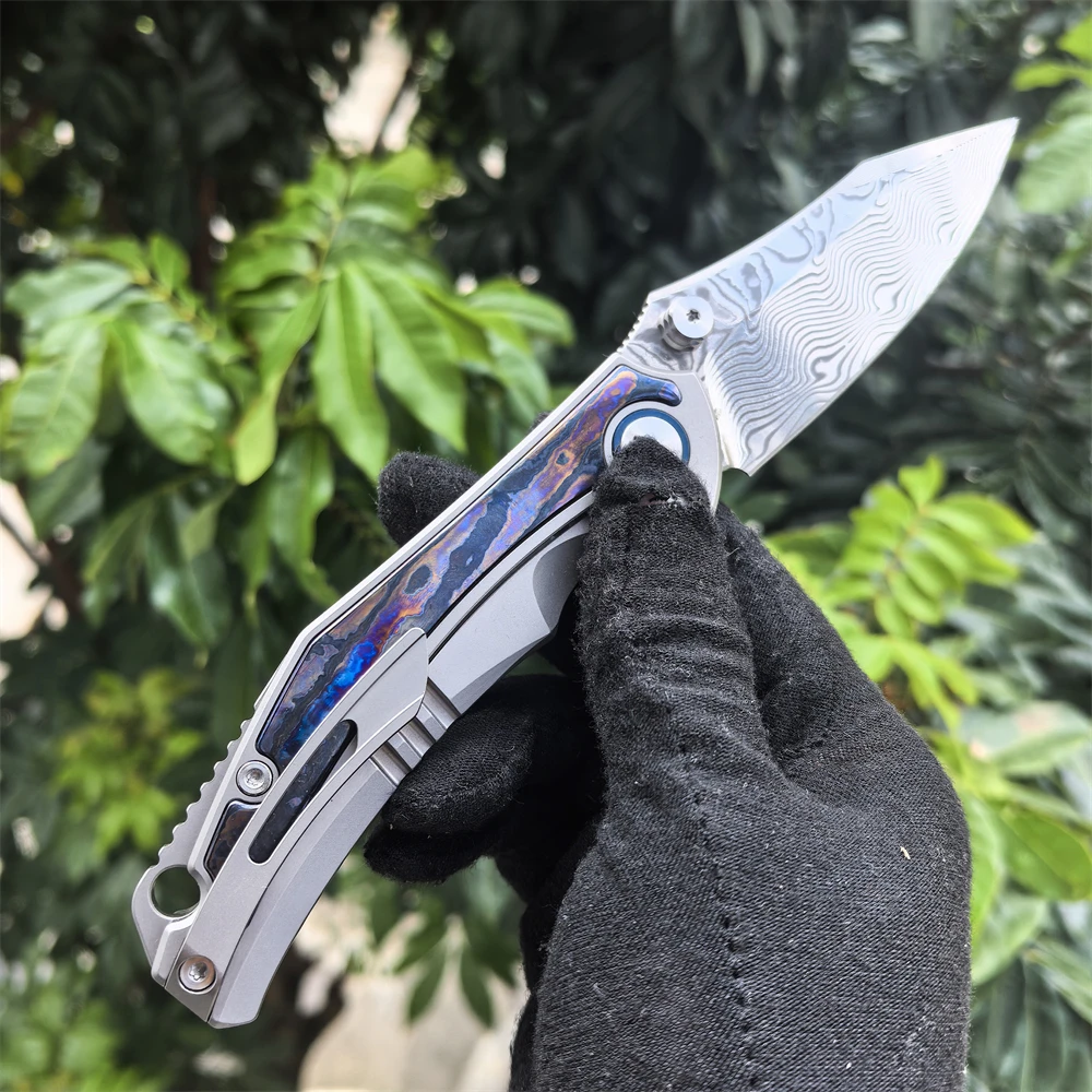 جيب سكين للفرد دمشق شفرة فولاذية أسود تيماسك مقبض التخييم في الهواء الطلق بقاء سكين صيد EDC أداة الدفاع