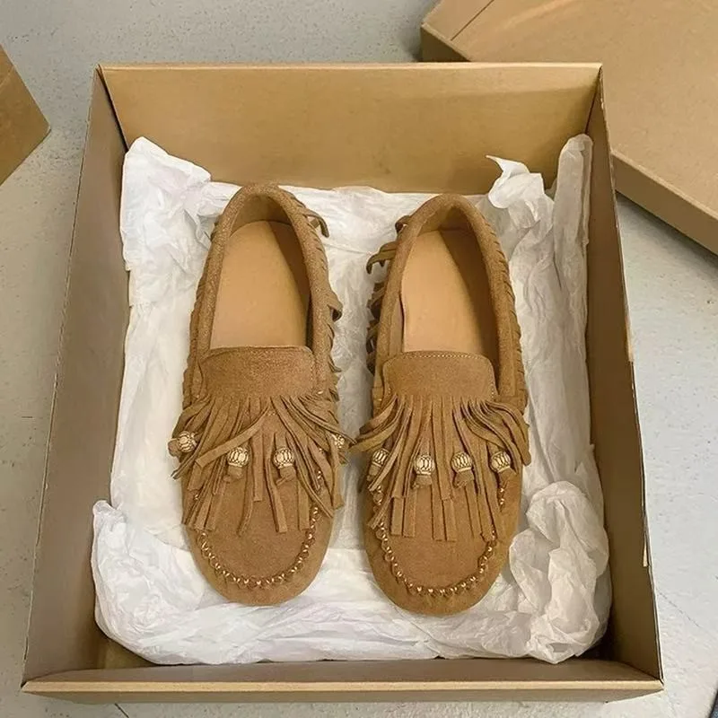 Flats Luxury Summer All-match Flat Bean Shoes Slip-on Lazy Women's Shoes Soft Soles Shallow Mouth Retro Tassel Women's Shoes