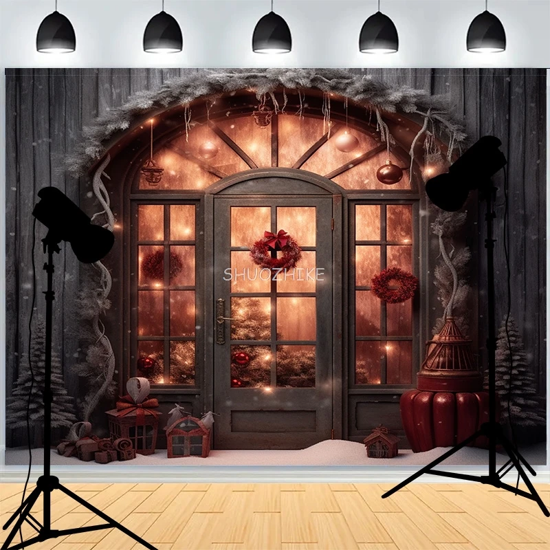 يوم عيد الميلاد Wreach ندفة الثلج خلفيات للتصوير الفوتوغرافي الموقد شتاء السنة الجديدة كوخ غرفة المعيشة الديكور خلفية CC-04