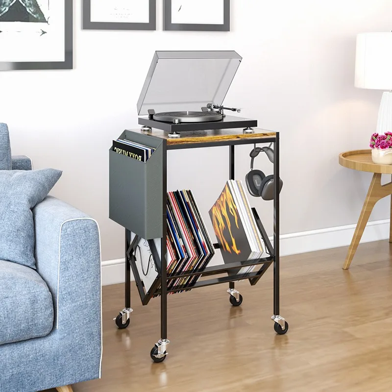 Double Wrought Iron Vinyl Record Rack with Storage Bag Record Player Bedside Table Office Newspaper Bookshelf Magazine Shelf
