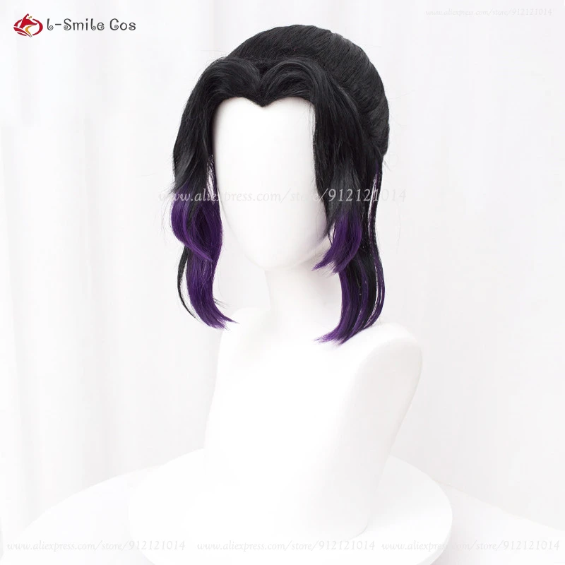 Peluca de Cosplay de Anime Kochou Shinobu para mujer, cabello sintético resistente al calor, cola de caballo negra y púrpura, pelucas de Halloween, gorro de peluca, 35cm