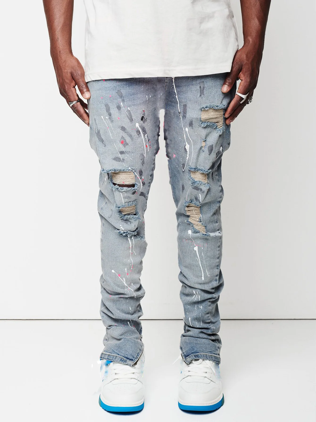 Pantalones vaqueros rasgados para hombre, Jeans ajustados de lápiz con pintura artesanal, ropa de calle Hipster, a la moda, novedad de 2022, XS-XL