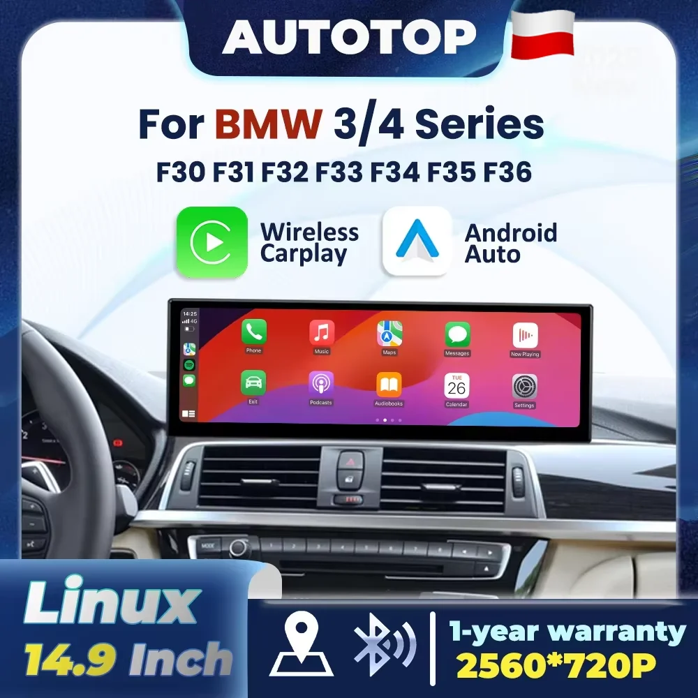 Radio samochodowe z systemem Linux 2560*720P, bezprzewodowym CarPlay i Android Auto, do BMW serii 3 i 4 F30 F31 F32 F33 F34 F35 NBT EVO, z funkcją Mirror Link, Airplay, BT, nawigacją GPS i systemem