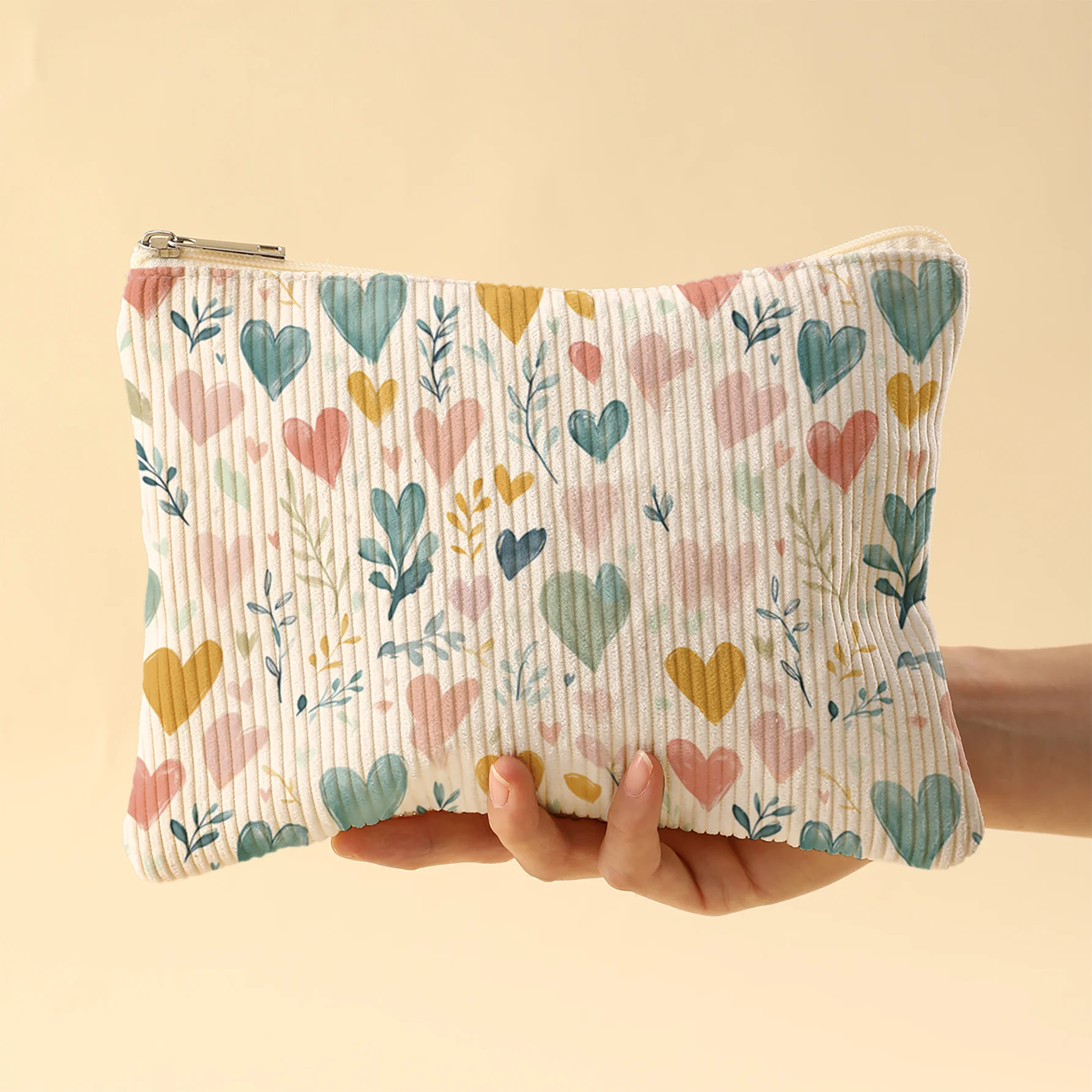 Korean Style Corduroy Cosmetic Bag Watercolor Colorful Heart Leaf Print Zipper Pouch Portable Travel Makeup Storage Bag Women's