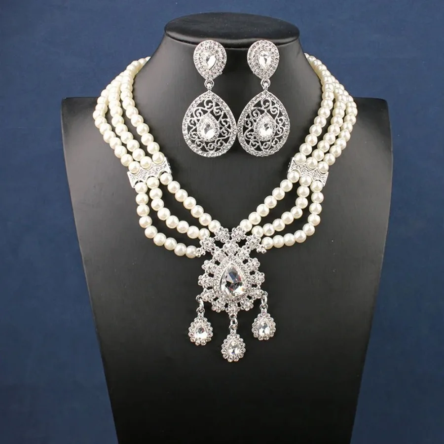 Algerian Wedding Jewelry Set for Women Pearl Necklace Choker Crystal Pendant Earrings Luxury Dubai Jewelry Elegant Sets Fashion