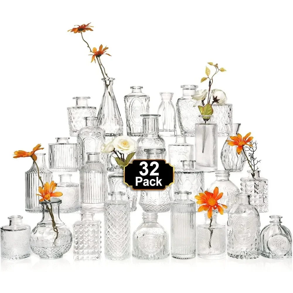 Glass Bud Vase Set of 32 Pcs，Small Glass Vases for Flowers，Clear Bud Vases in Bulk，Vintage Vases for Centerpieces