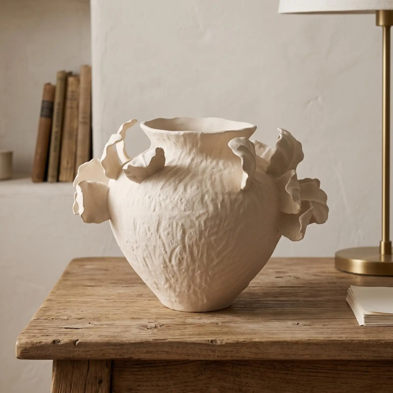 Ceramic Vase with Ruffled Protrusions Textured Matte Organic Rounded Vase