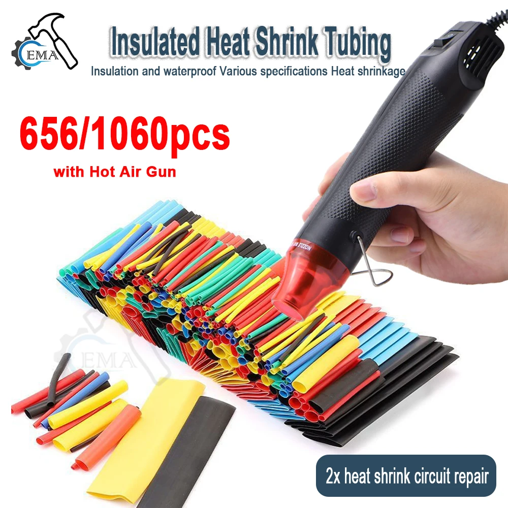 

1060/656/530/328PCS Heat Shrink Tubing kit 2:1 Shrinkable Wire Shrinking Wrap Wire Connect Cover Cable Repair with Heat Gun