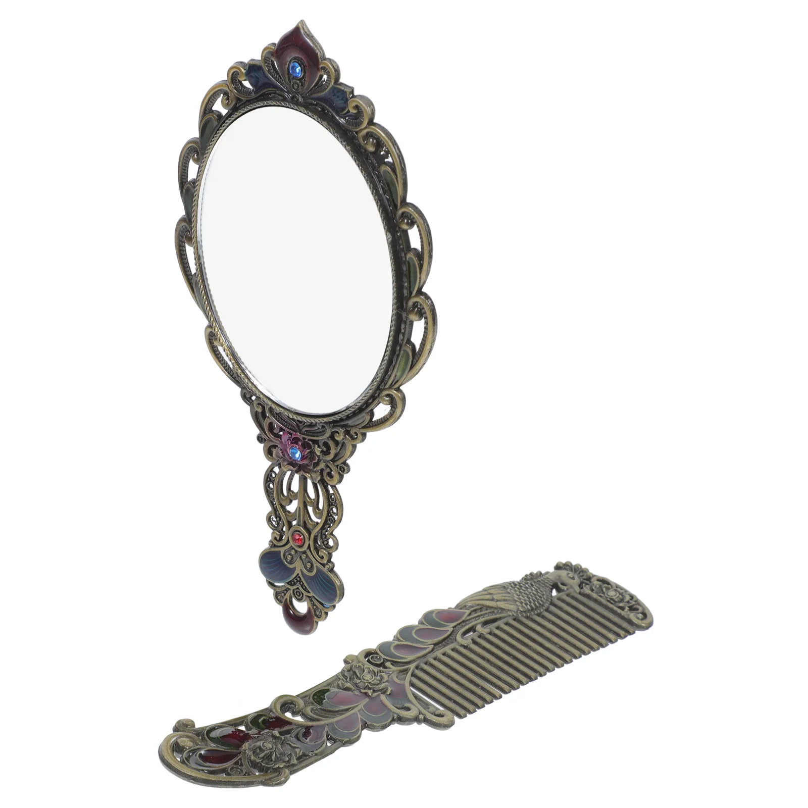 1Set Vintage Peacock Makeup Mirror Metal Handheld Decorative Mirror Comb Lightweight Portable Travel Gift Handle Mirror,