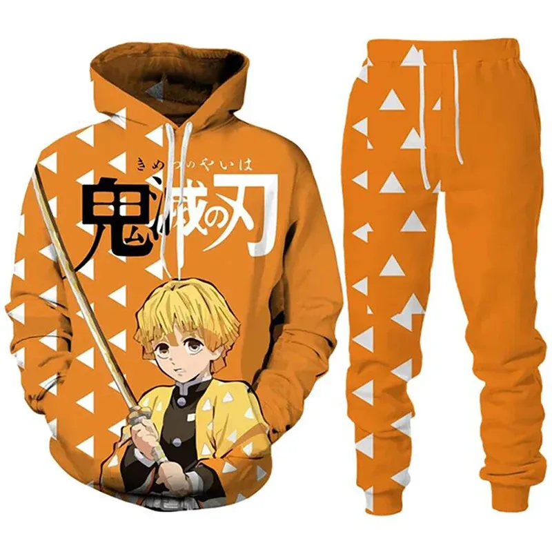 Anime Demon Slayer Hoodie 3Dพิมพ์คอสเพลย์กางเกงHoodie 2PCSชุดTracksuitผู้ชายOversize Vintage Streetwear Hoodieกางเกงเด็กชุด