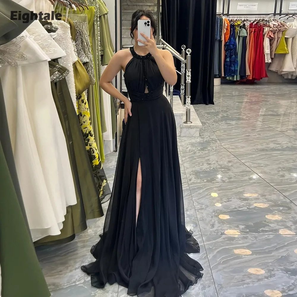 Eightale árabe vestido de noite halter a linha personalizado chiffon preto alta fenda até o chão baile de formatura vestido de festa de casamento