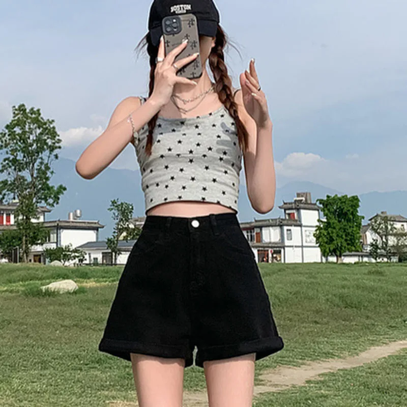 

Versatile High Waist Black Denim Shorts Women's Summer Slimming Loose Fit Miniature Flared Hot Pants A- Line Cuff Jeans Shorts