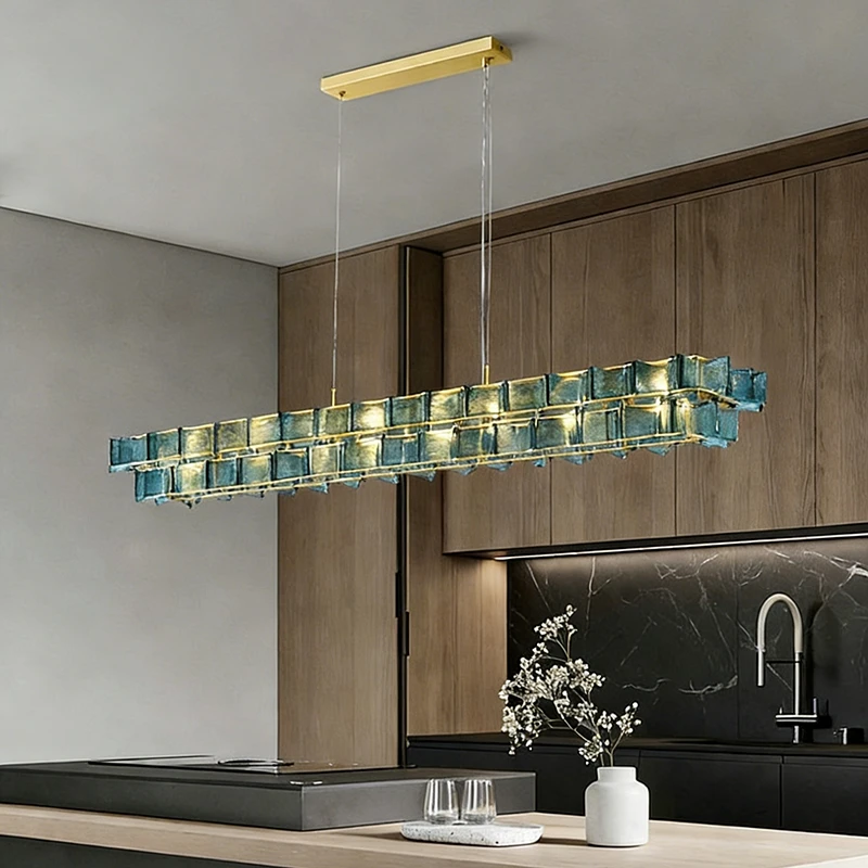 Retro Round Blue Butterfly Glass Chandelier Vintage Luxury Long Kitchen Hanging Lamp For Living Dining Room Bedroom
