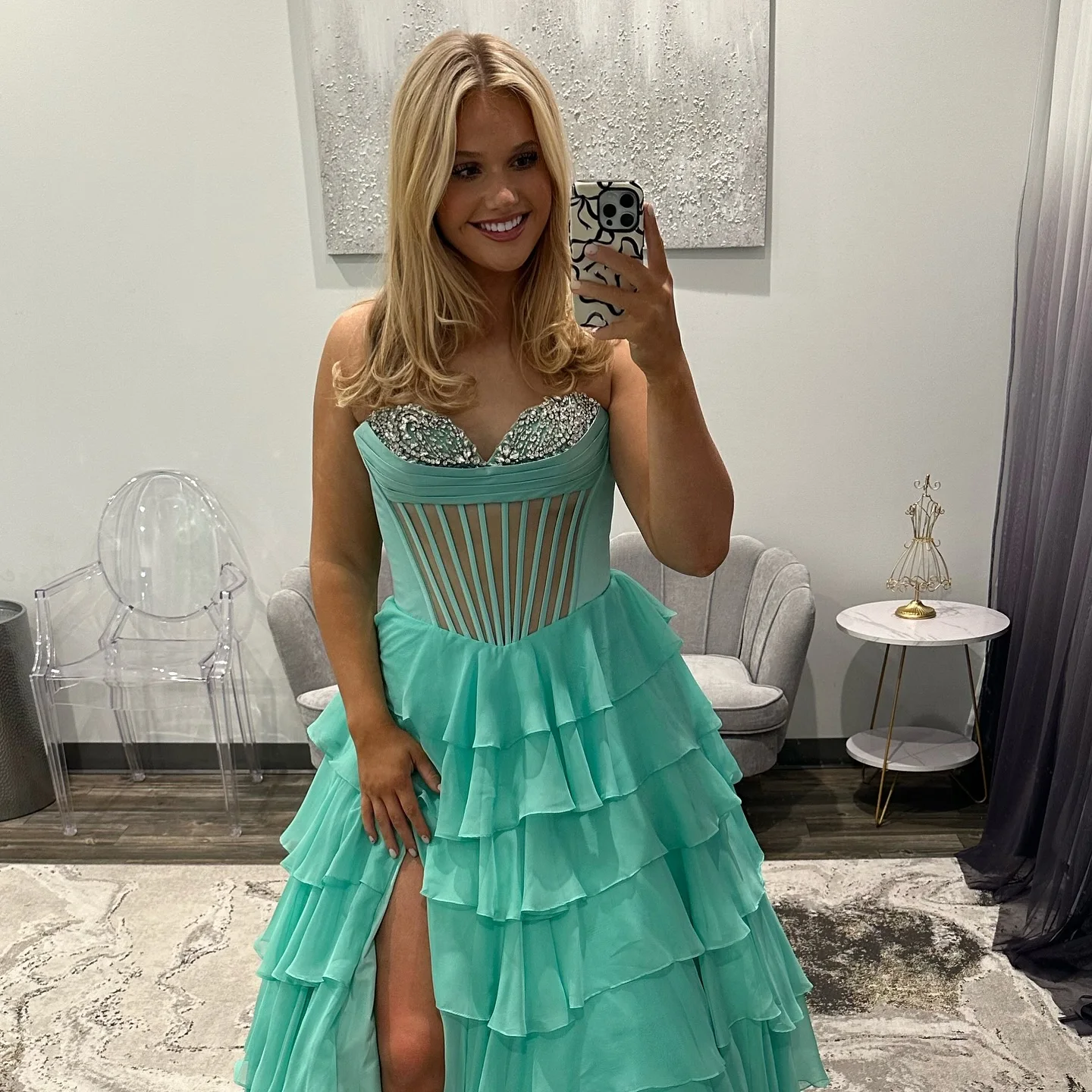 Impressionante hortelã verde vestido de baile frisado querida vestidos de noite em camadas saia coxa divisão chiffon vestidos formais para mulher