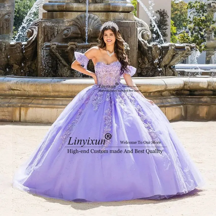 Vestido de quinceañera con volantes y flores de lavanda, bonito vestido de baile, boda, fiesta de cumpleaños, princesa