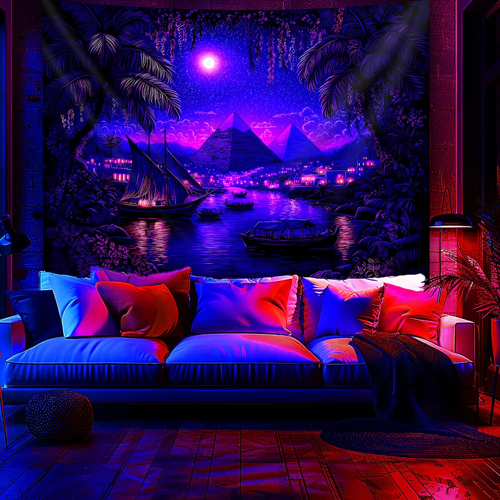 1pc  Blacklight Ancient Egypt Pyramid Nile River Tapestry, UV Reactive Neon Night Sky Wall Hanging for Bedroom Living Room