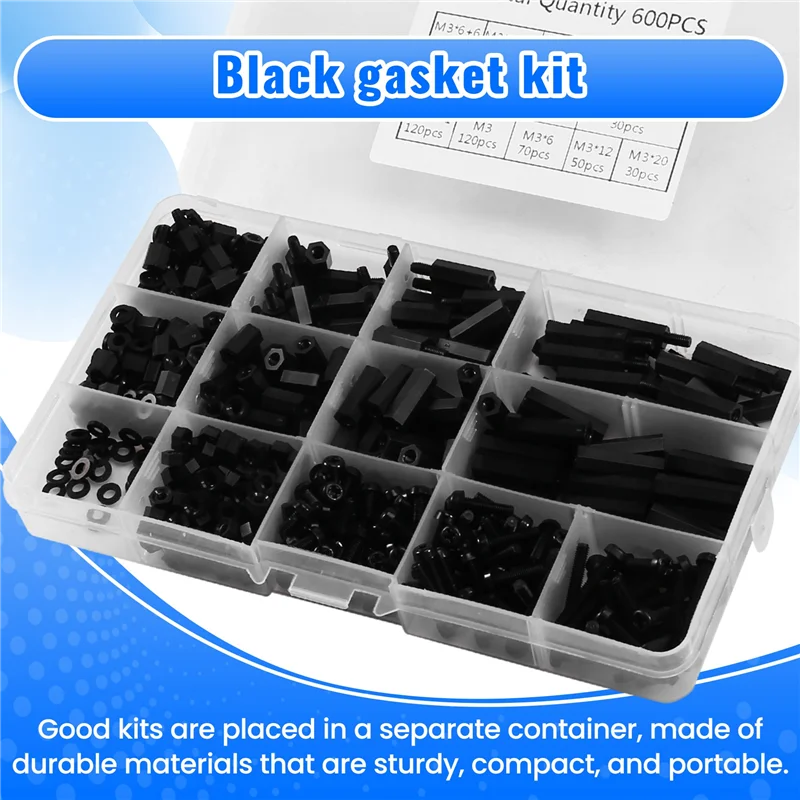 Conjunto completo de espaçadores de nylon THIVN de 600 unidades - parafusos de impasse masculinos e femininos M3 para fixações de placas de circuito;