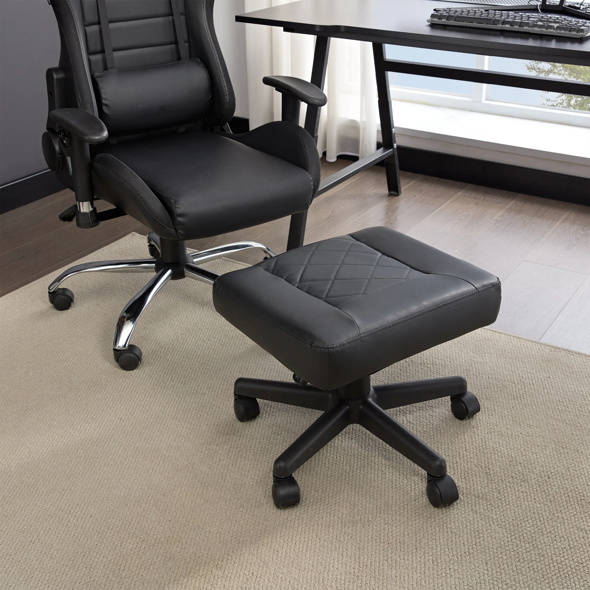

Foot Rest Under Desk Ottoman, PU Ergonomic Footrest with Wheels, Height Adjustable Footrest with Comfort Padding for Relieving Leg Pain, Stiffness, Black