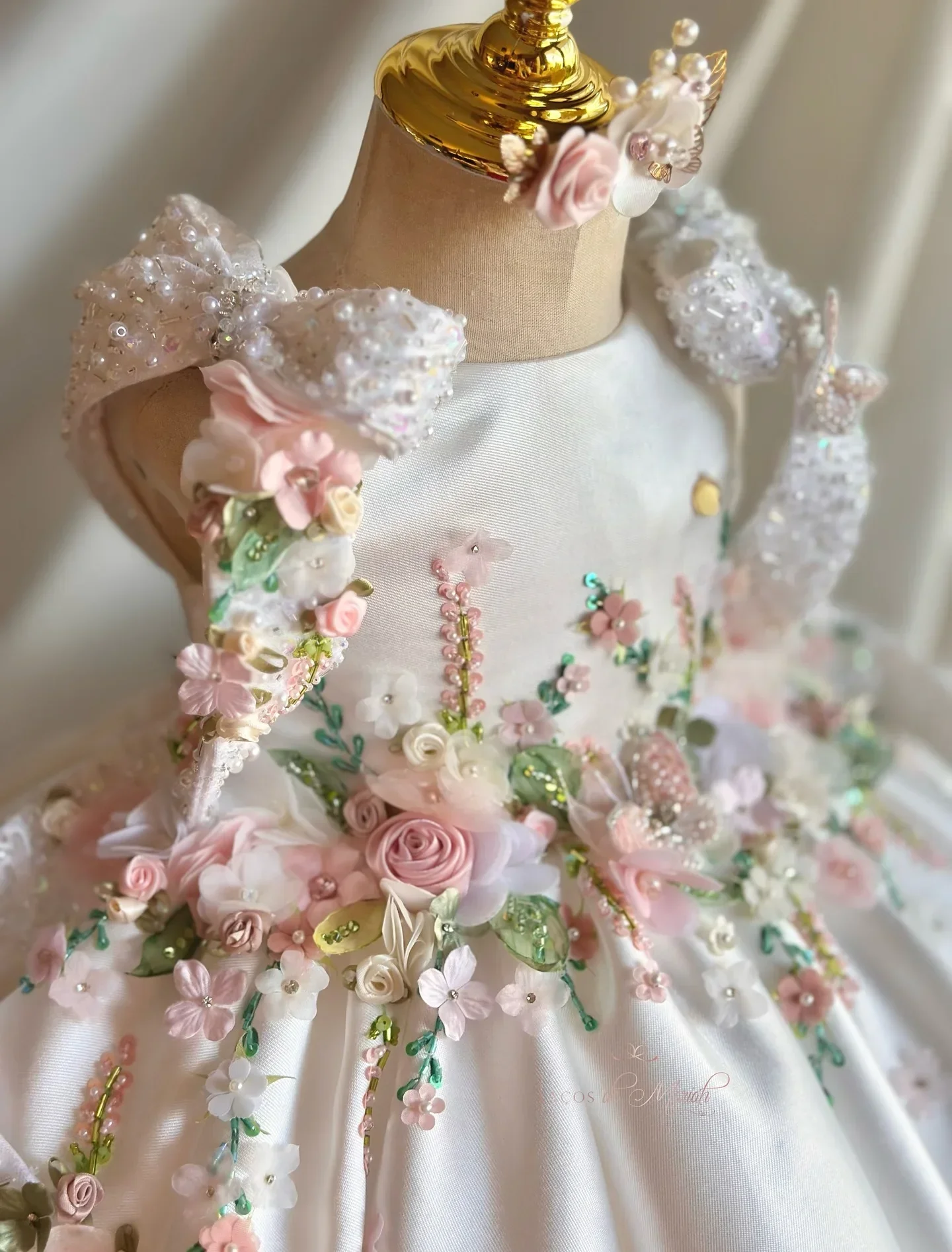 Custom Flower Girl Dress First Christmas Wedding Party Dress Princess Pageant Gown with 3D Floral Embroidery Fuzzy Sleeves Satin image 5
