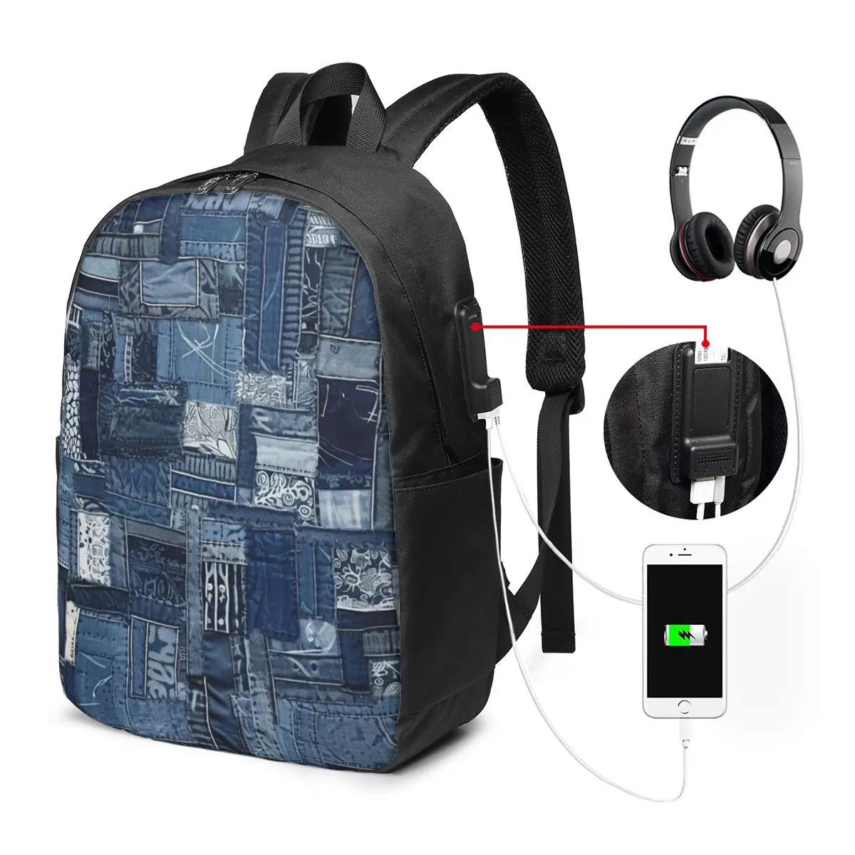 Faux Denim Patchwork Print Backpack Travel Notebook Bag Computer College Student School Bag Laptop Shoulder Bags for Men Women