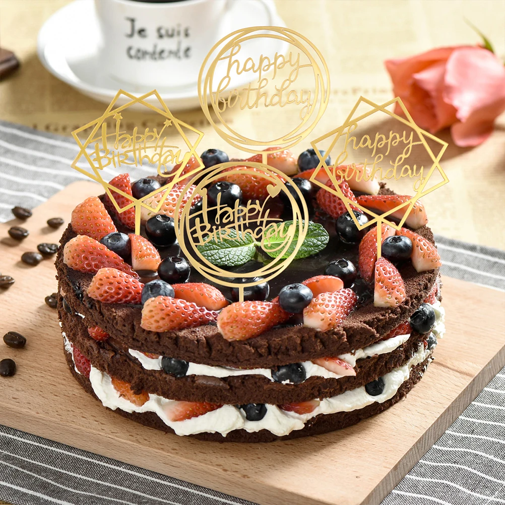 

6 pcs Acrylic Cake Toppers Multi-Shape Happy Birthday Decorations Cupcake Picks Wedding Party Dessert Supplies Fruit