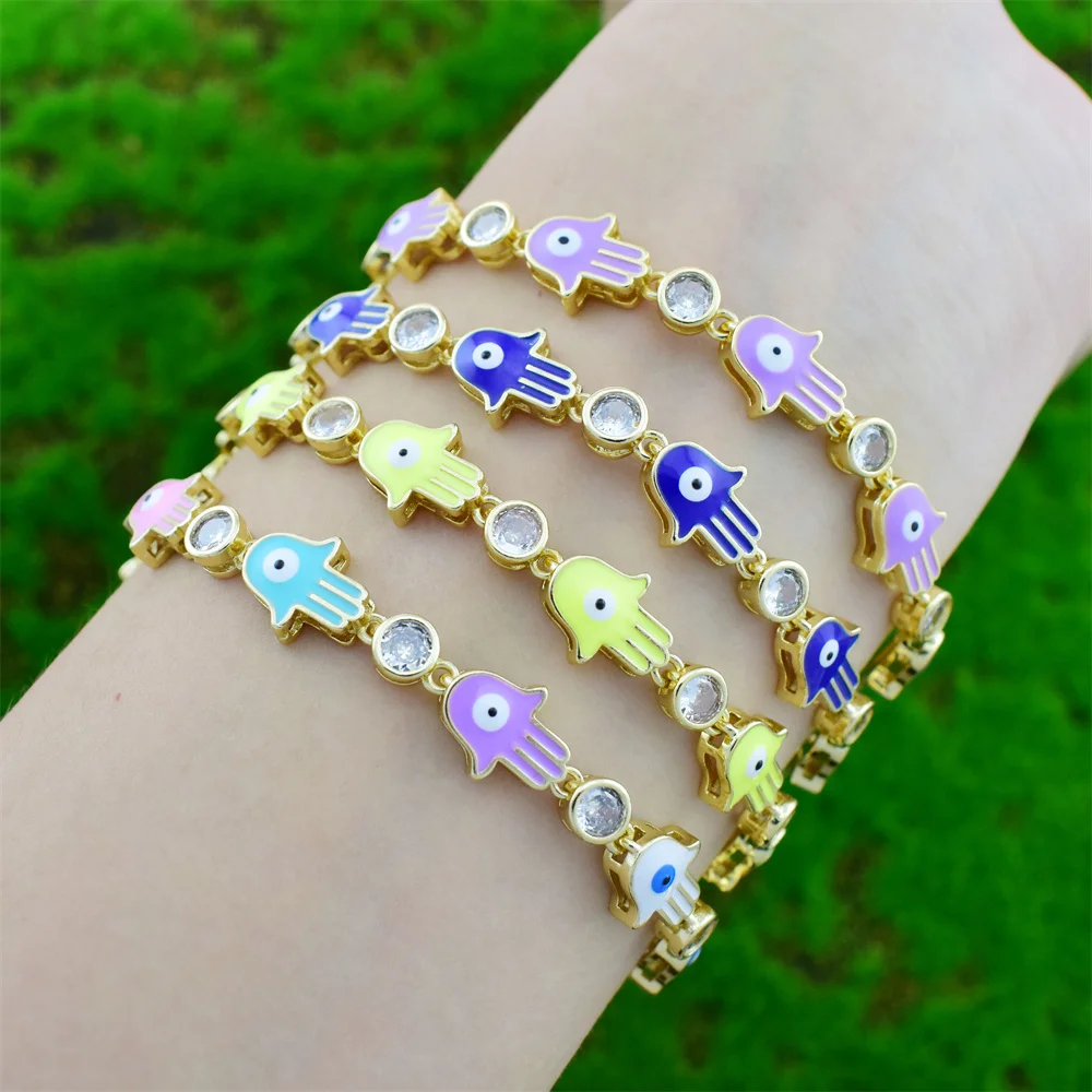 Women's Fashion Evil Eye Bracelet Hand of Fatima Enamel Eye Zircon Adjustable Bracelet Charm Jewelry