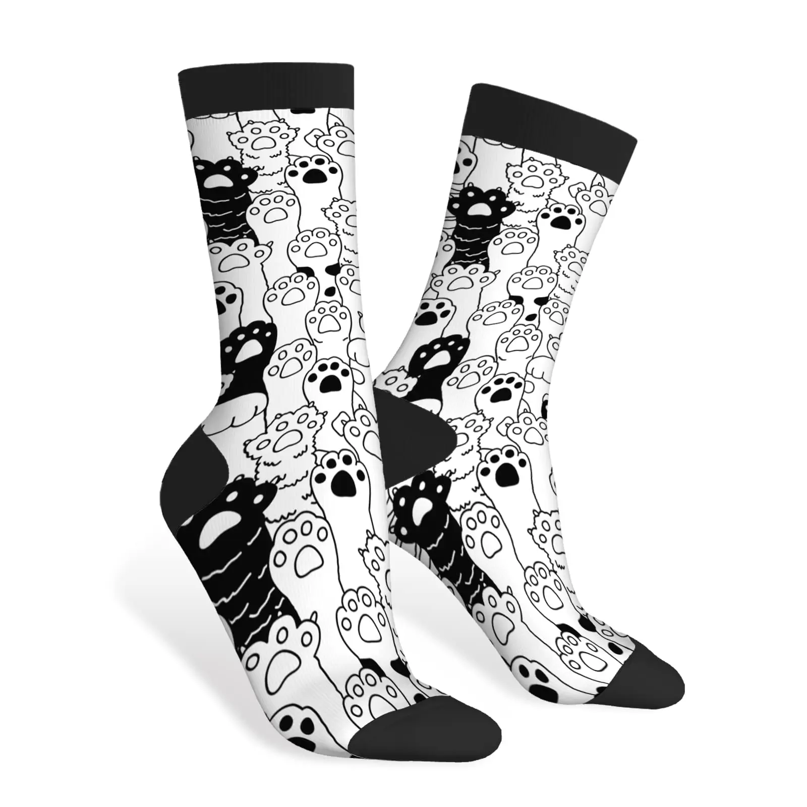 Cat Paw Funny Socks Cute Cartoon Kitty Funny Meow Claw White Black Happy Casual Crew Socks Contrast Color Design for Women Men