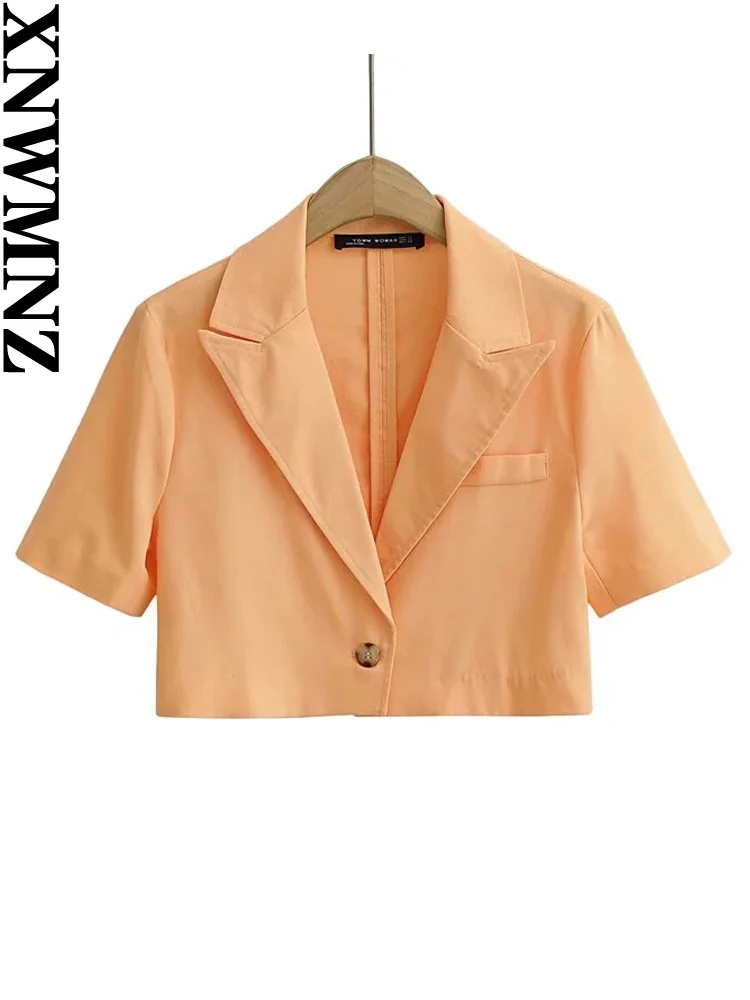 XNWMNZ 2022, chaqueta de traje corto de lino a la moda para mujer, chaqueta retro de manga corta con un solo botón y bolsillo para mujer, blazer