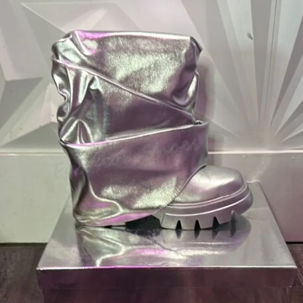

Silver Round Toe Pleated Boots Chunky High Heels Matte Leather High Heel Shoes for Women Heels 2025 New Zapatos Para Mujere