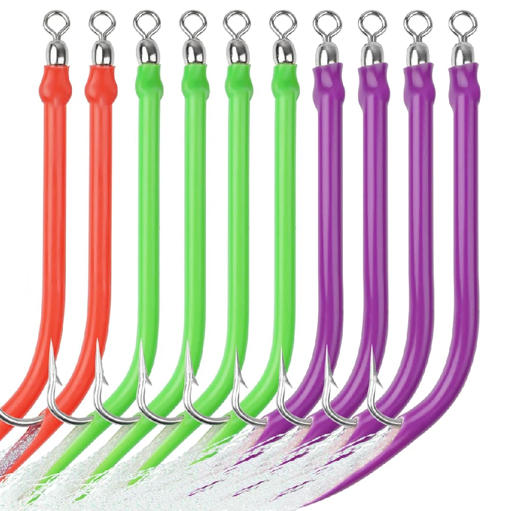10Pcs Trolling Tube Fishing Lure  Cod Rig Tube Teaser with Stainless Steel J Hook Striped Bass Offshore Big Game jigs fishing