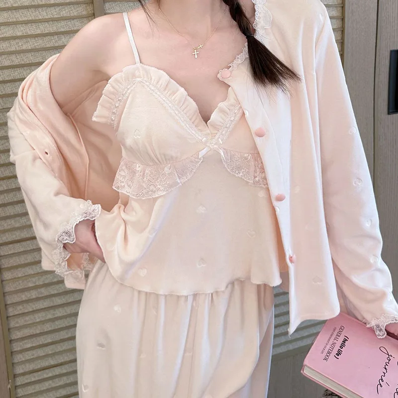 Winter Soft Home Wear Double-sided Velvet Warm Thick Island Female Top and Pants Pajamas Suit Korean Style Sweet Girls Sleepwear