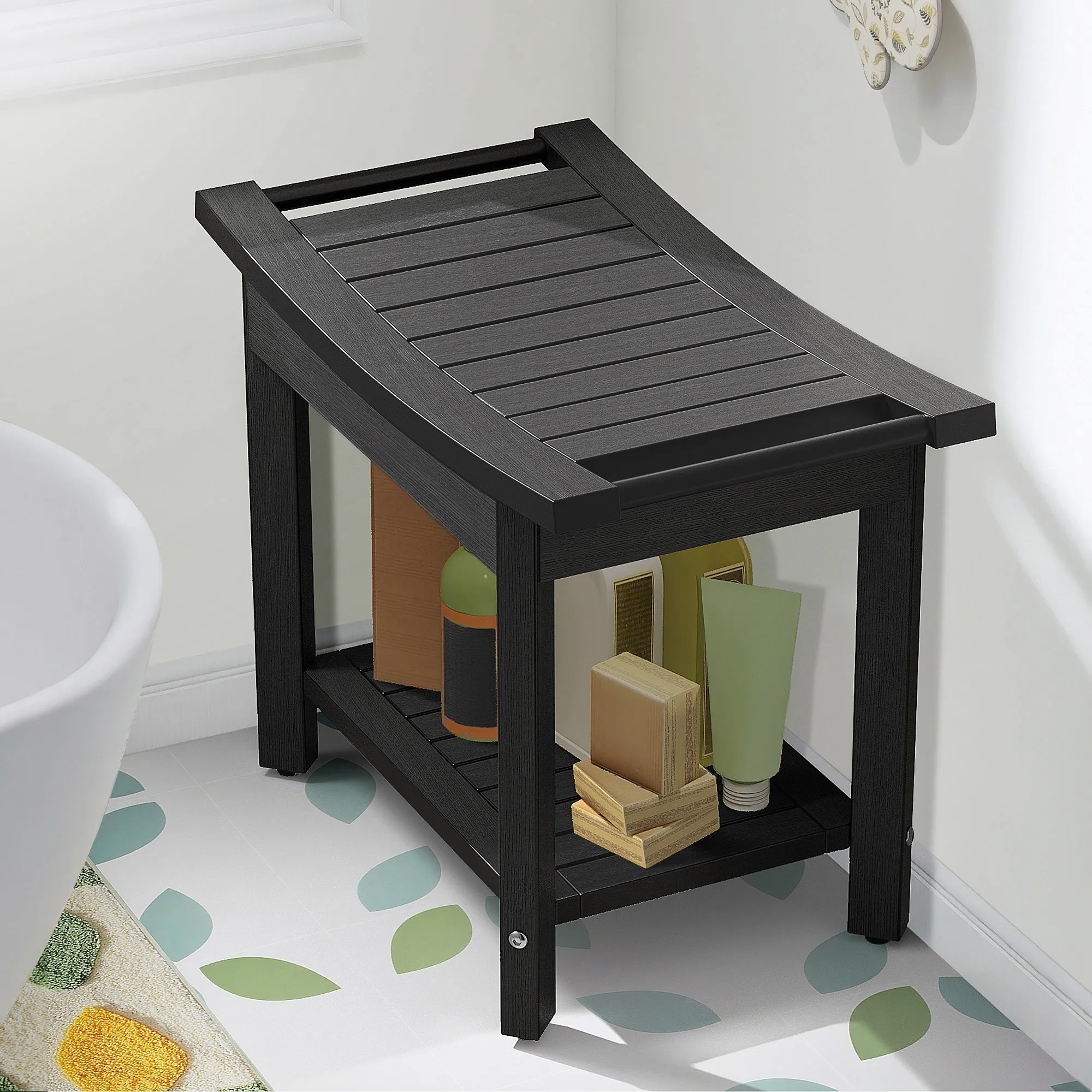 Poly Lumber Shower Bench Shower Stool with Storage Shelf Water Resistant & Non-Slip  For Bathroom