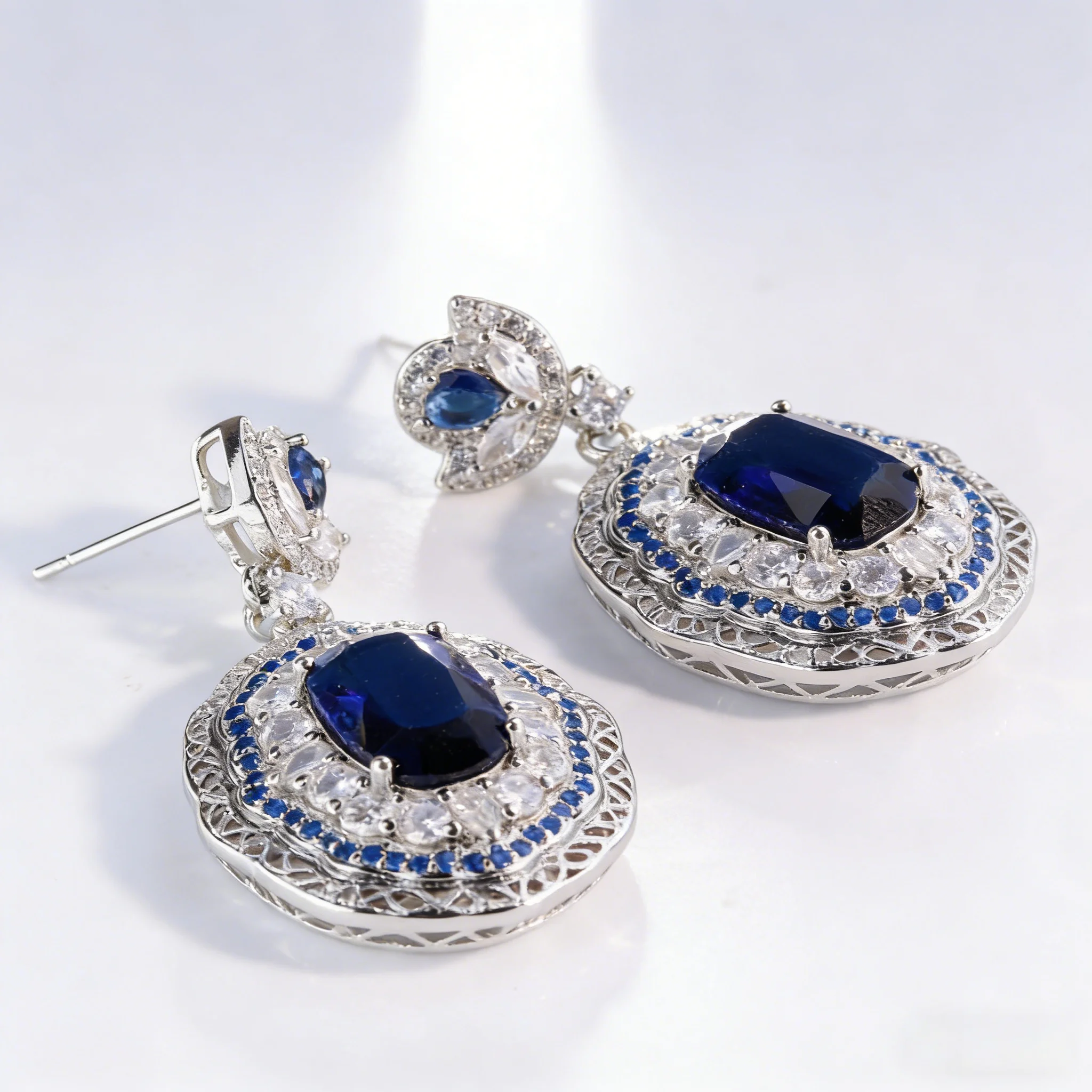 

Luxury Sapphire Blue Statement Earrings,Royal Blue Zircon and Crystal Bridal Jewelry,Elegant Earrings for Wedding Party Gift