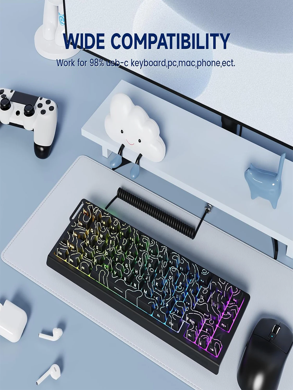 ATTACK SHARK C01Ultra Skręcony kabel klawiatury z oświetleniem RGB, niestandardowy kabel lotniczy USB-C, Type-C do USB-A, prędkość powrotu 8 kHz — zdjęcie produktu 7