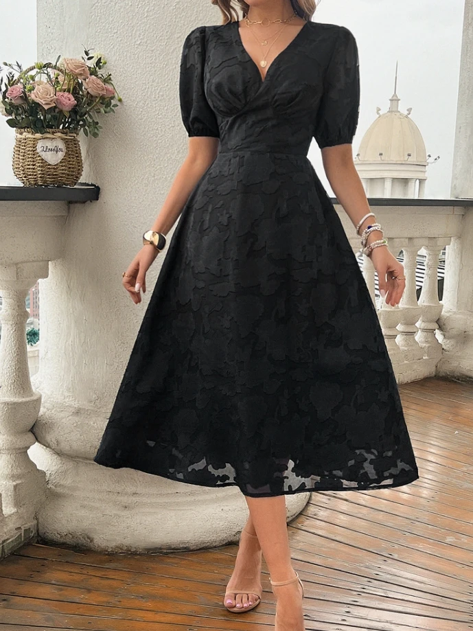 Women's Dress Elegant Vintage 2024 Summer Solid Crochet Sheer Mesh V-neck Puff Short Sleeve High Waist A-line Midi Dress