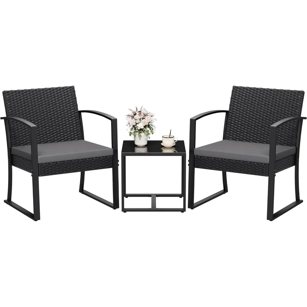 

Homall Resin 3 Pieces Patio Furniture Set, Outdoor Bistro Set with Cushions and Glass Table, Conversation Set Rattan Chair